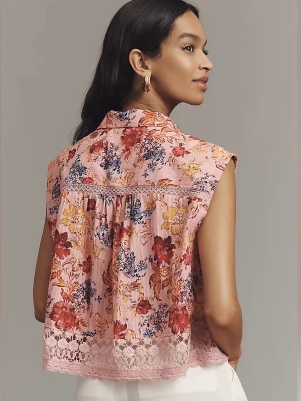 Pilcro-Anthropologie Pink Floral Lace-Trim Sleeveless Button Front Blouse, XS - Picture 4 of 12